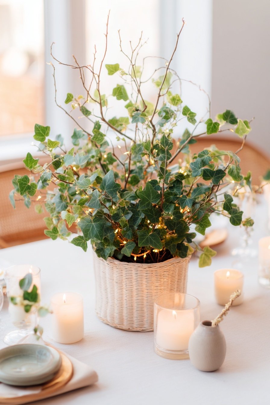 Geflochtener Korb mit Efeupflanze und Lichterkette als Tischdeko, umgeben von Kerzen