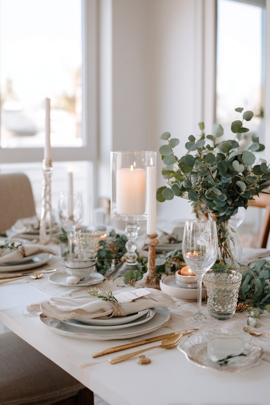 Festlich gedeckter Tisch mit Eukalyptus, Kerzen und dezenten Naturtönen
