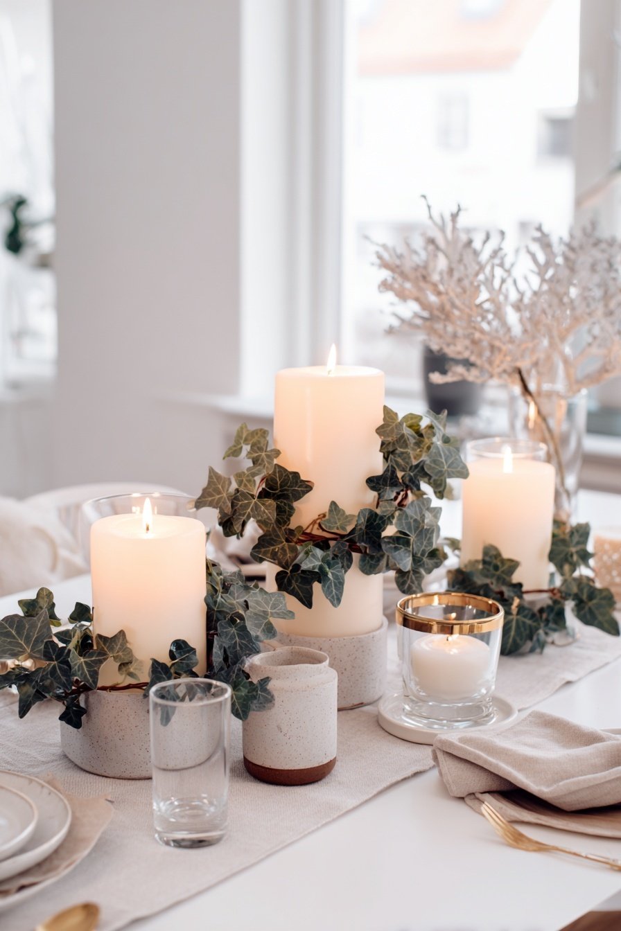 Kerzendeko mit Efeu auf einem winterlich gedeckten Tisch
