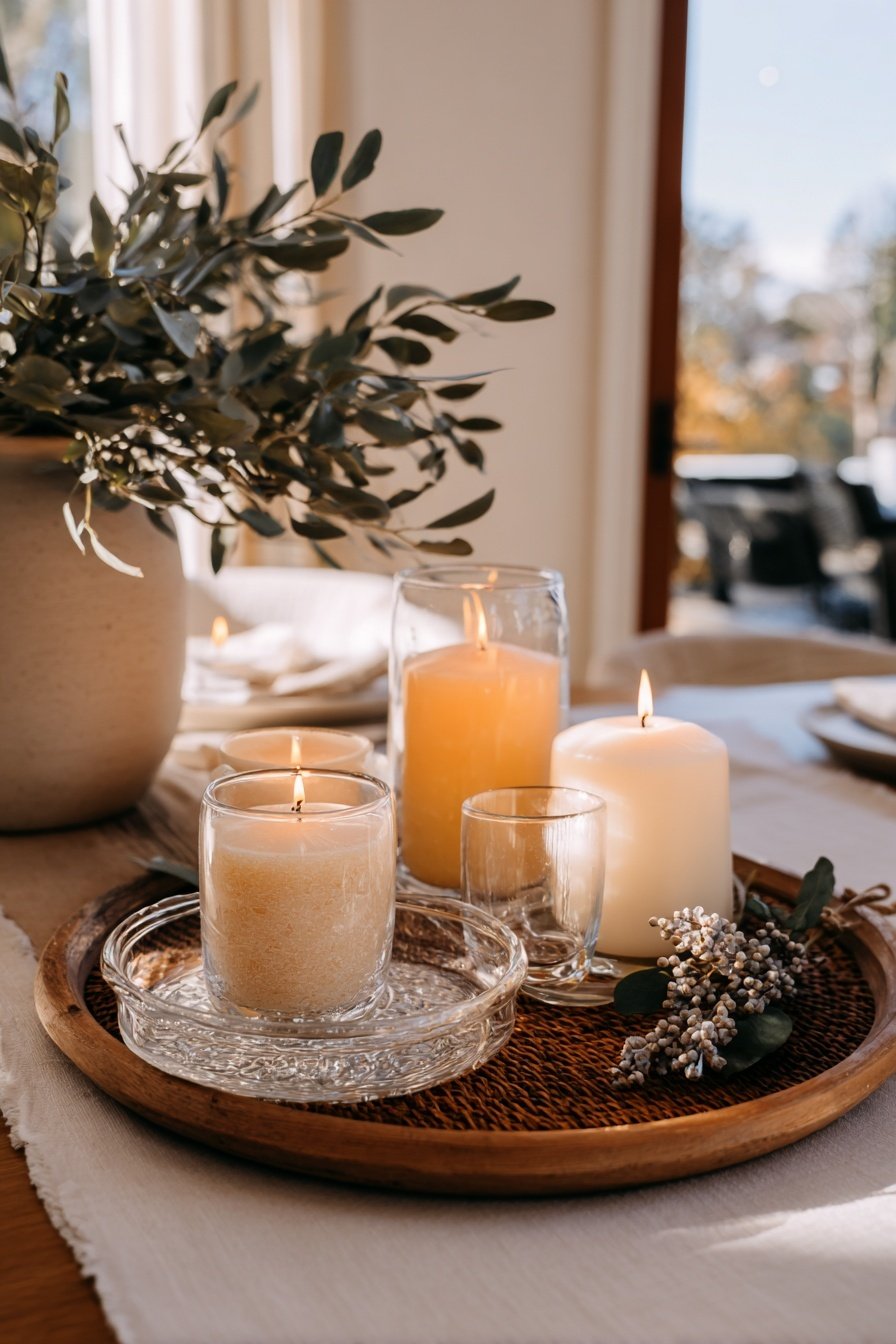 Kerzenarrangement mit Eukalyptus auf einem Holzteller auf einem gedeckten Tisch