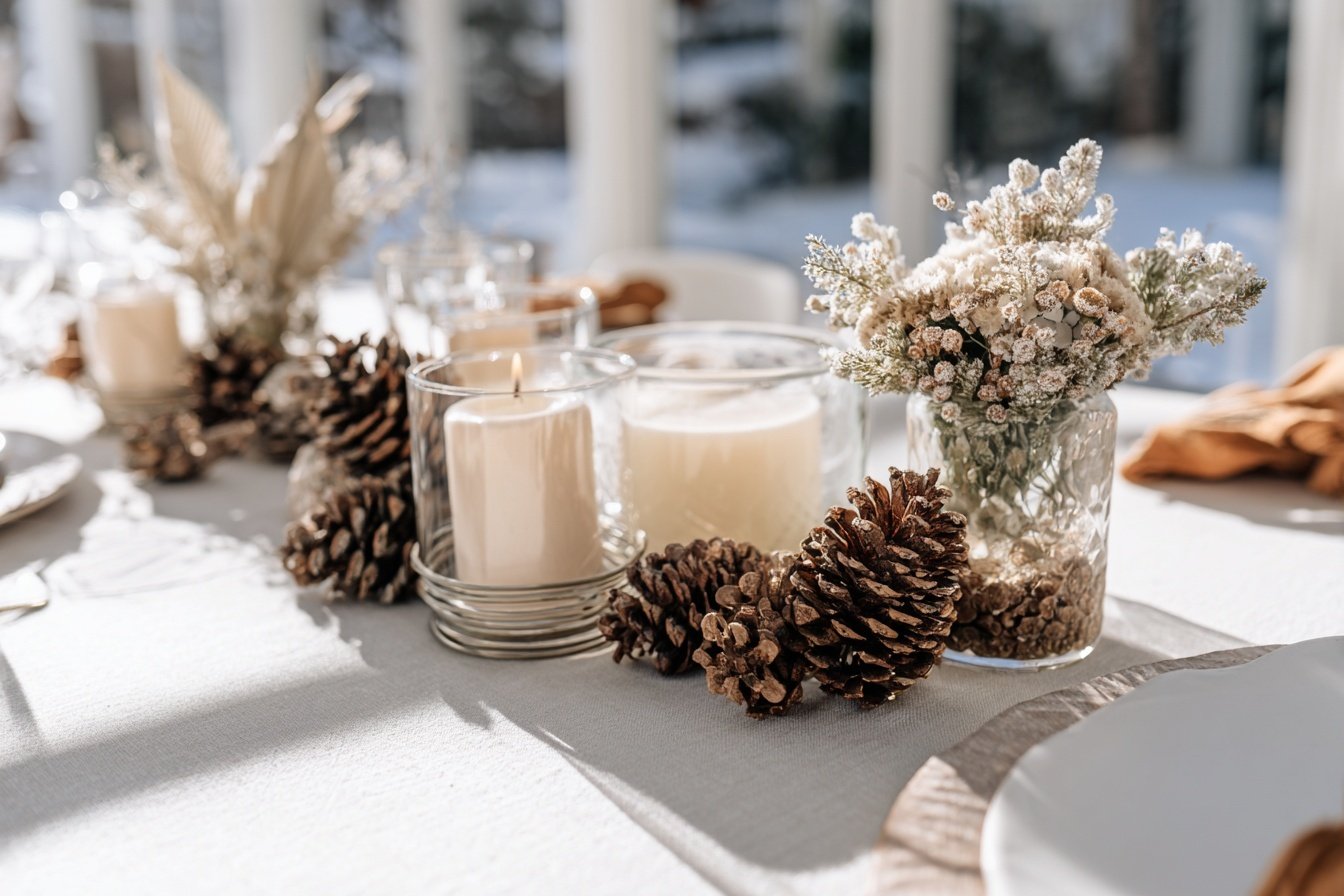Winterliche Tischdeko mit Tannenzapfen, Kerzen und Trockenblumen
