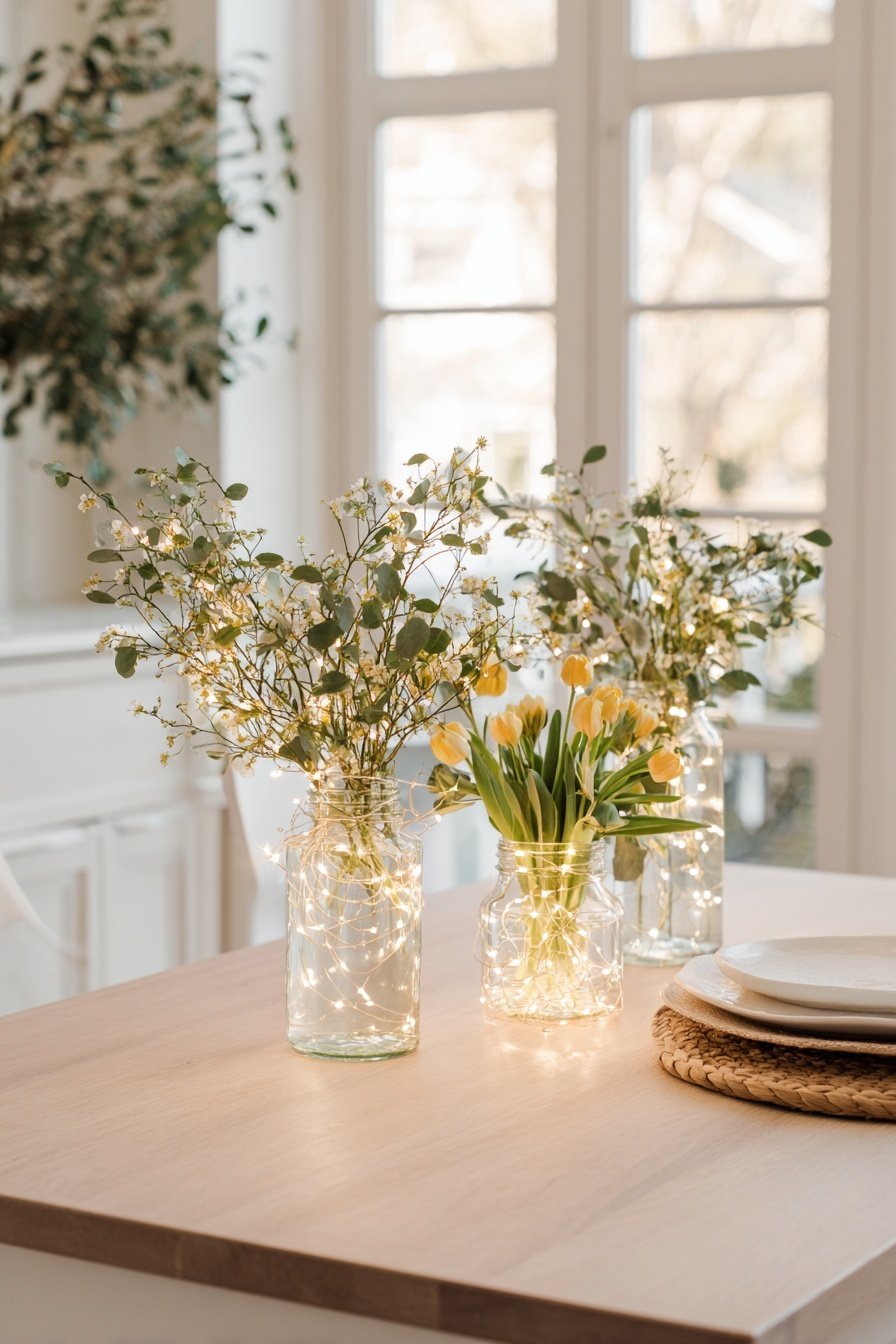 Tischdeko mit Gelbweißen Blumensträußen und Lichterketten in Gläsern auf Holztisch