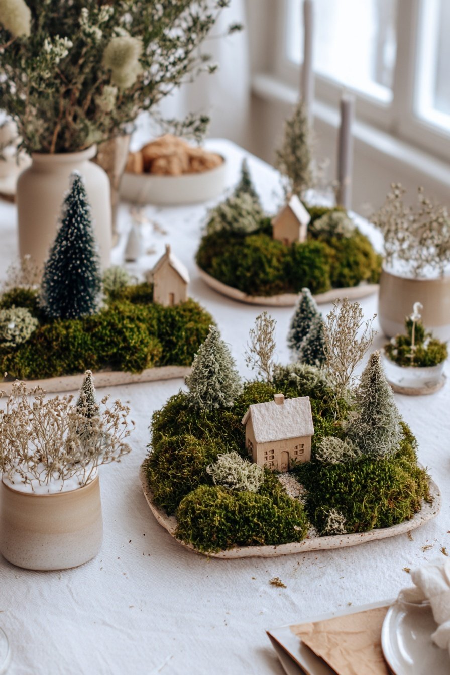 Miniaturlandschaften aus Moos, Tannen und kleinen Holzhäusern als winterliche Tischdeko