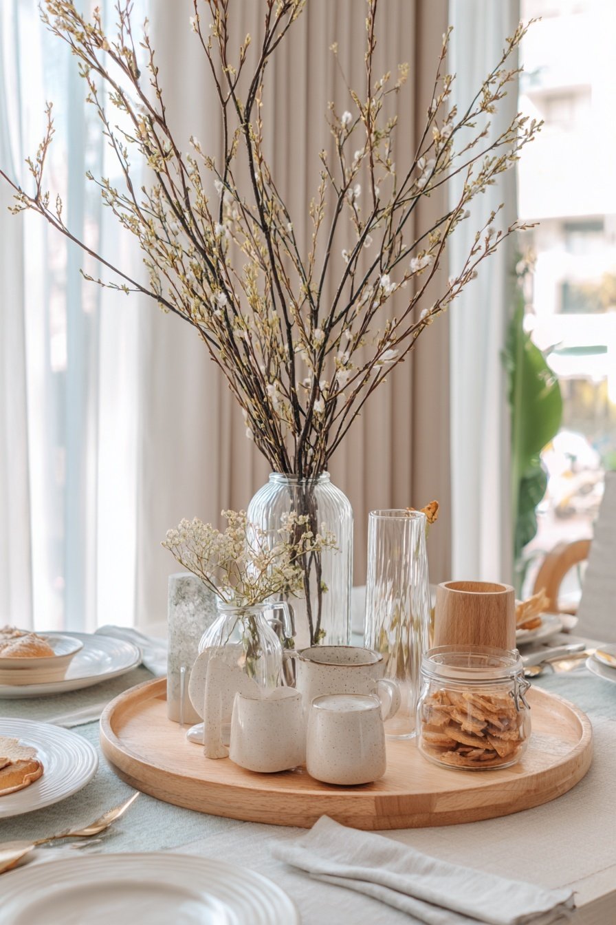 Winterliche Tischdeko mit Glasvasen, Ästen, Keramik und Snacks auf Holztablett