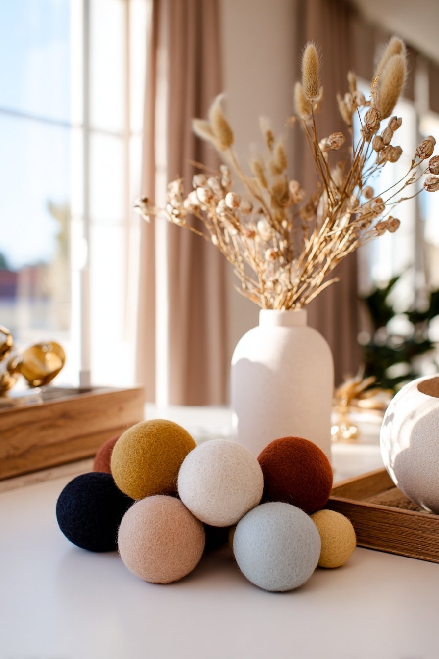 Tischdeko mit getrockneten Gräsern in Vase und bunten Filzkugeln