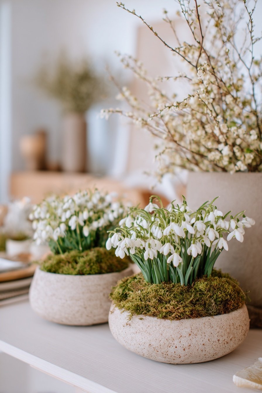Nahaufnahme von Schneeglöckchen in Steingutschalen als Tischdeko mit Moos