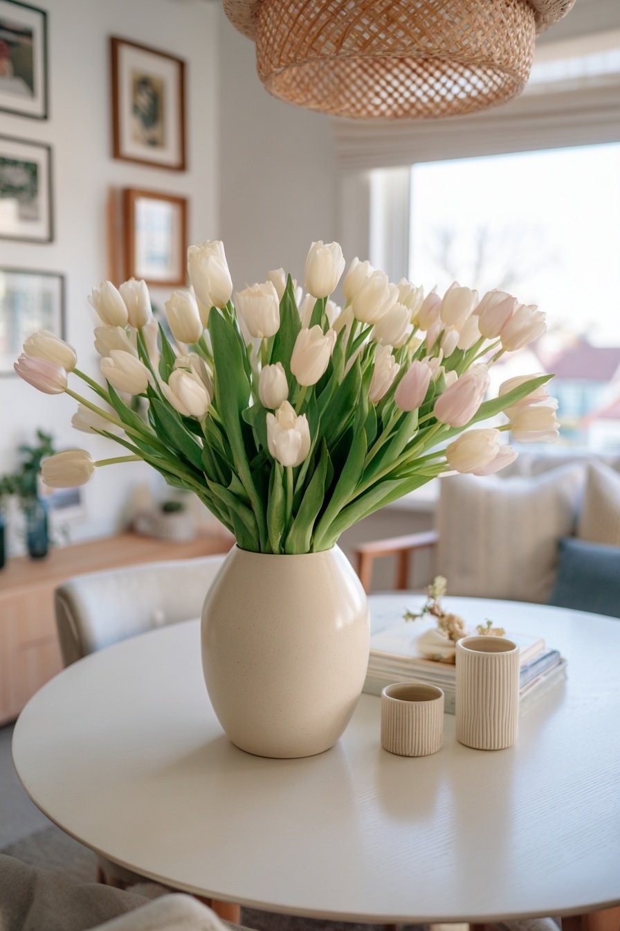 Weiße Tulpen in beiger Vase auf einem runden Tisch in heller Wohnzimmerecke