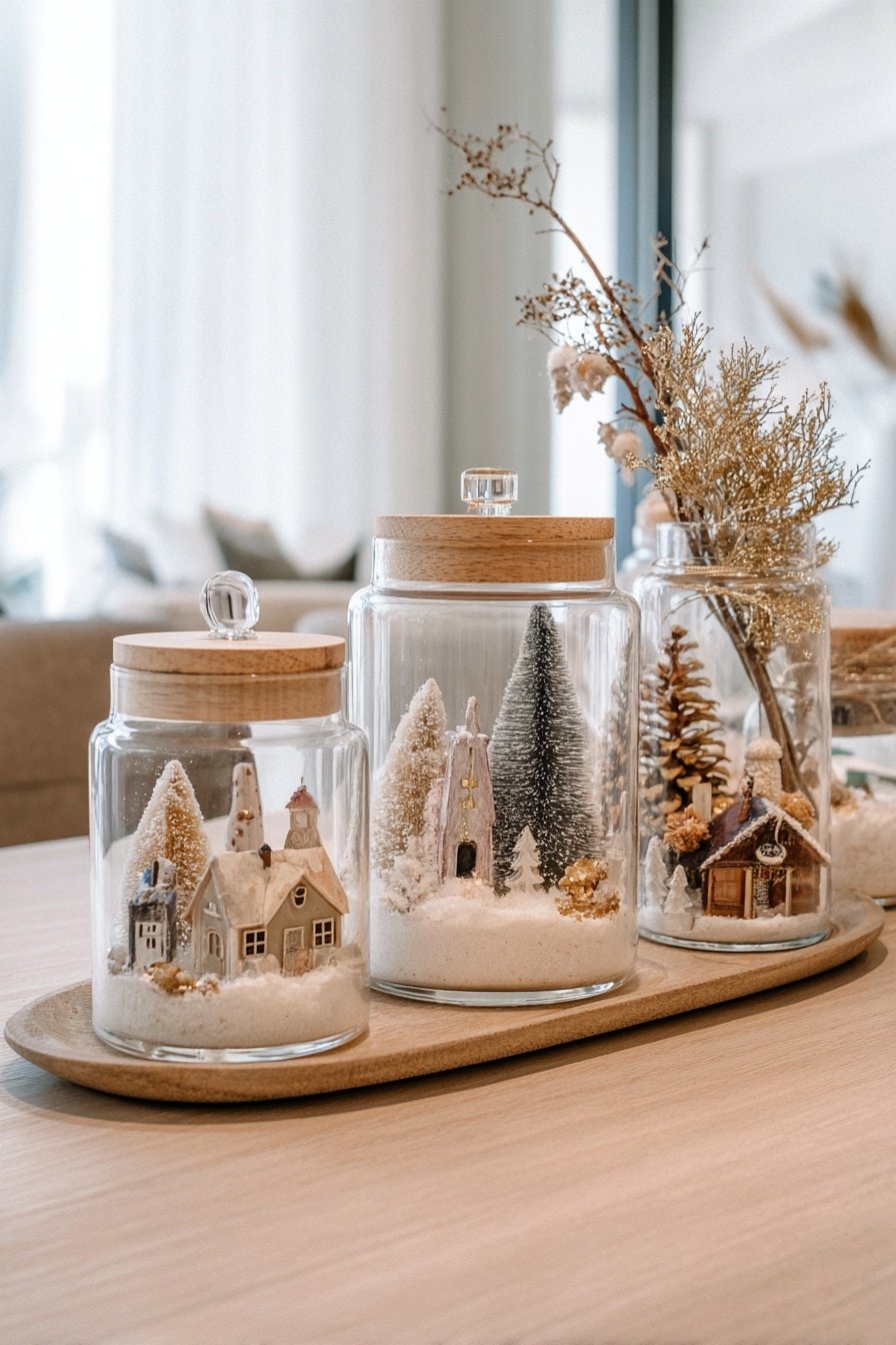Drei große Gläser mit winterlichen Miniaturlandschaften aus Häusern, Bäumen und Kunstschnee