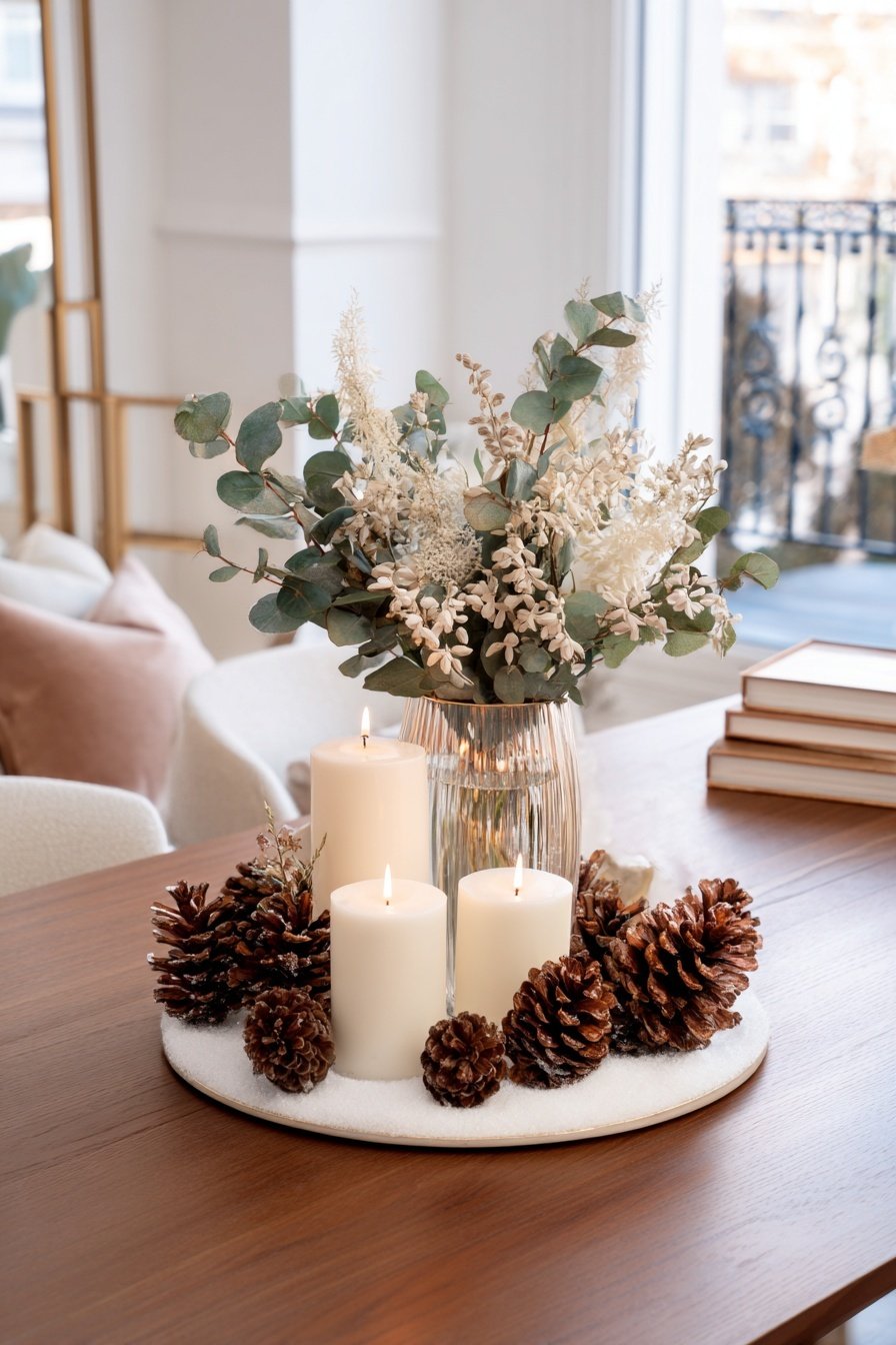 Dekoratives Winterarrangement mit Kerzen, Tannenzapfen und Eukalyptus in Vase auf einem Holztisch