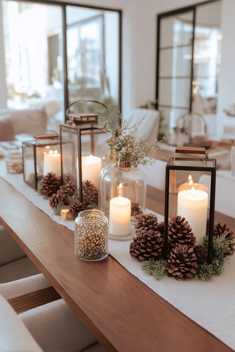 Holztisch mit Windlichtern, Kerzen, Tannenzapfen und Trockenblumen dekoriert