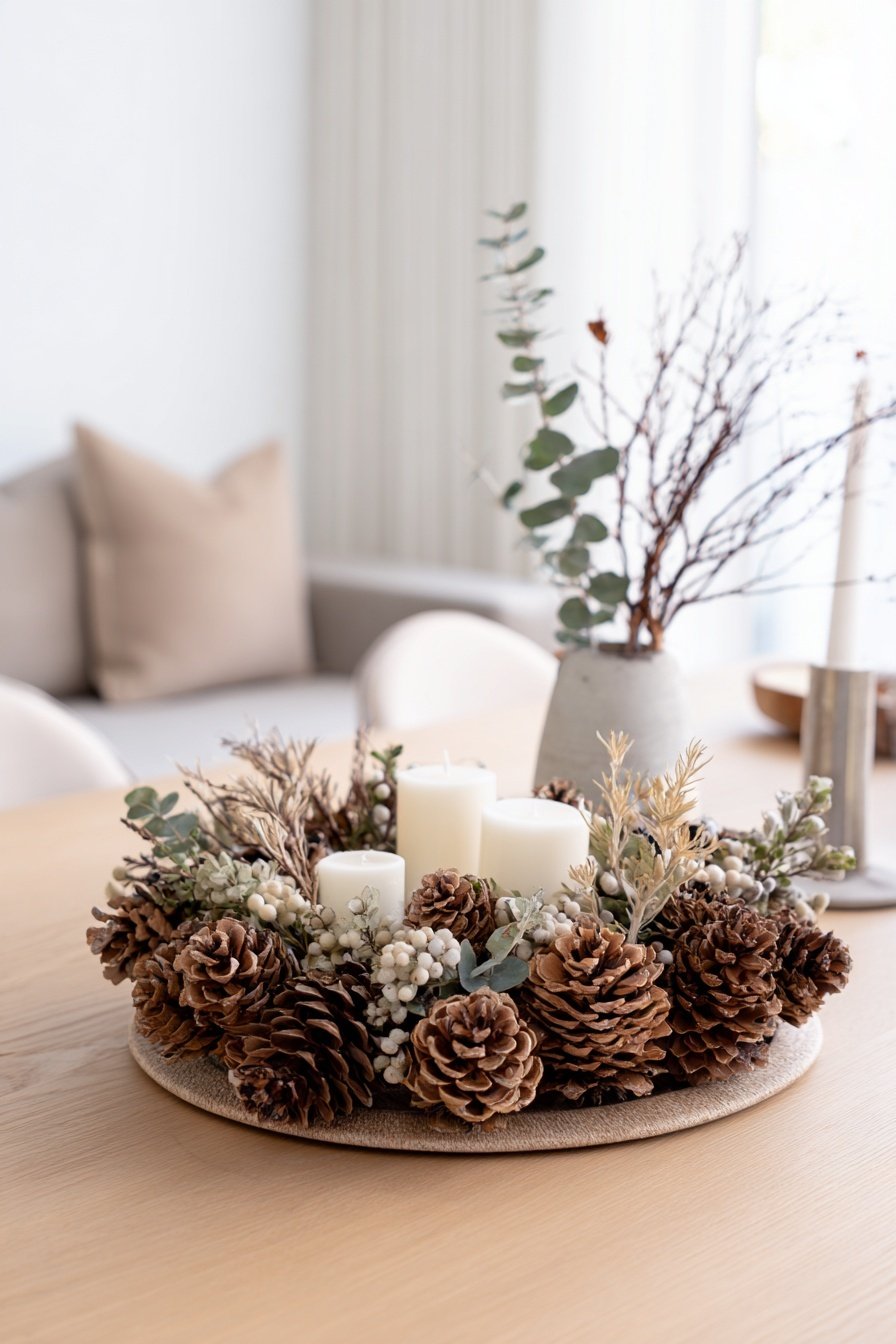 Winterliche Tischdeko mit Tannenzapfen, weißen Kerzen und Eukalyptus auf einem Holzuntersetzer