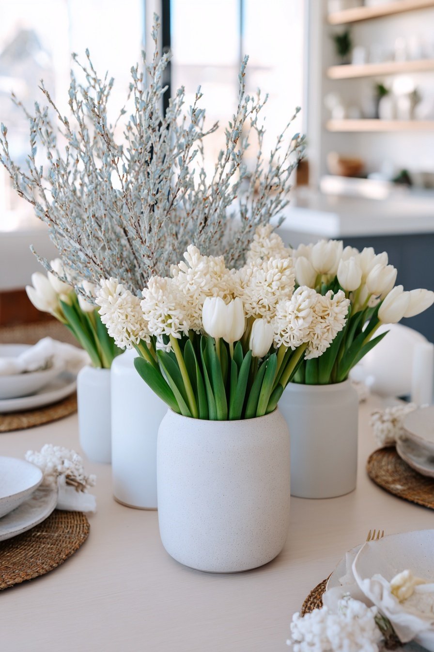 Helle Tischdeko mit weißen Tulpen, Hyazinthen und Zweigen in schlichten Vasen