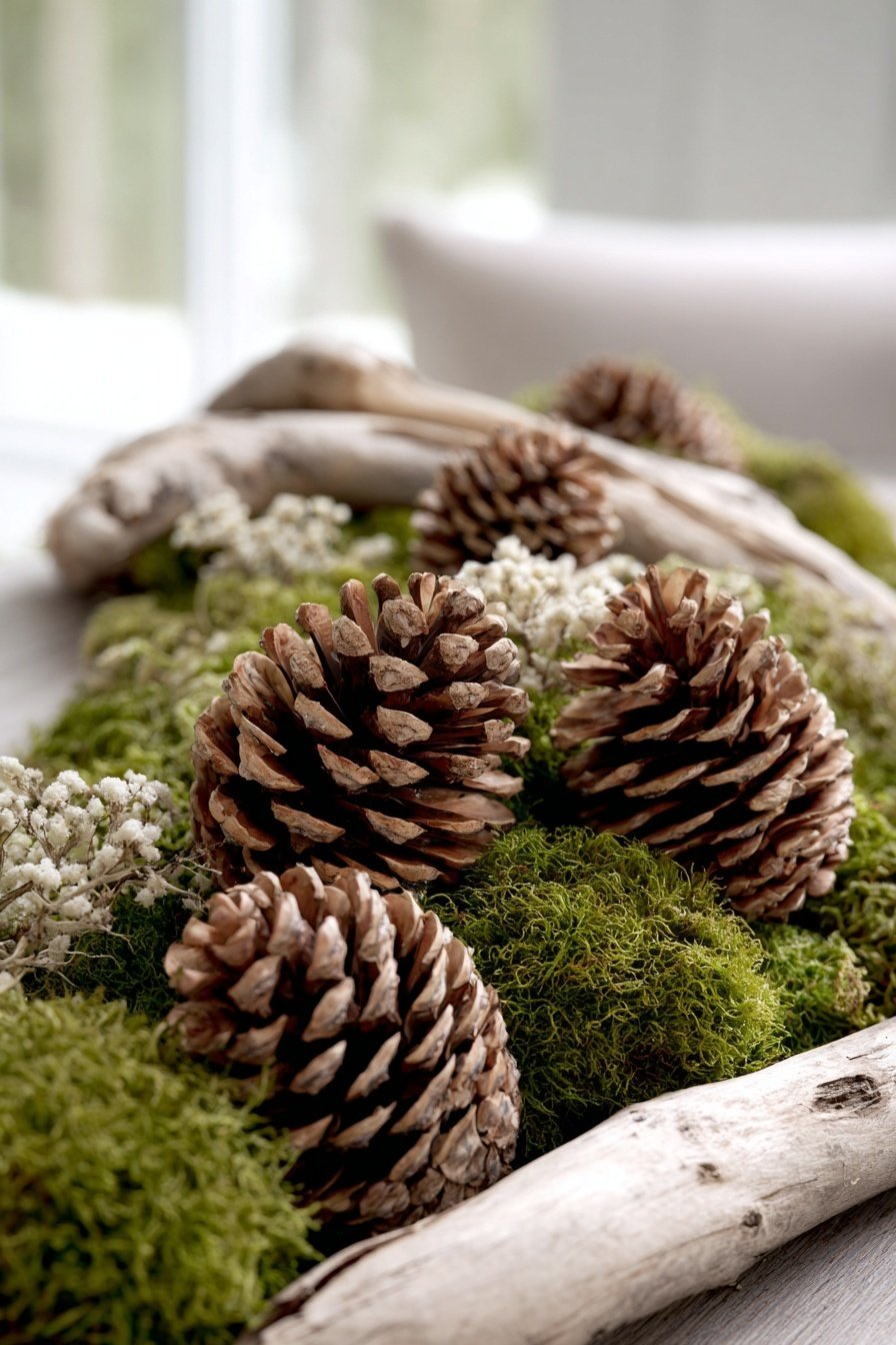 Tischdeko mit Tannenzapfen, Moos, Trockenblumen und Treibholz