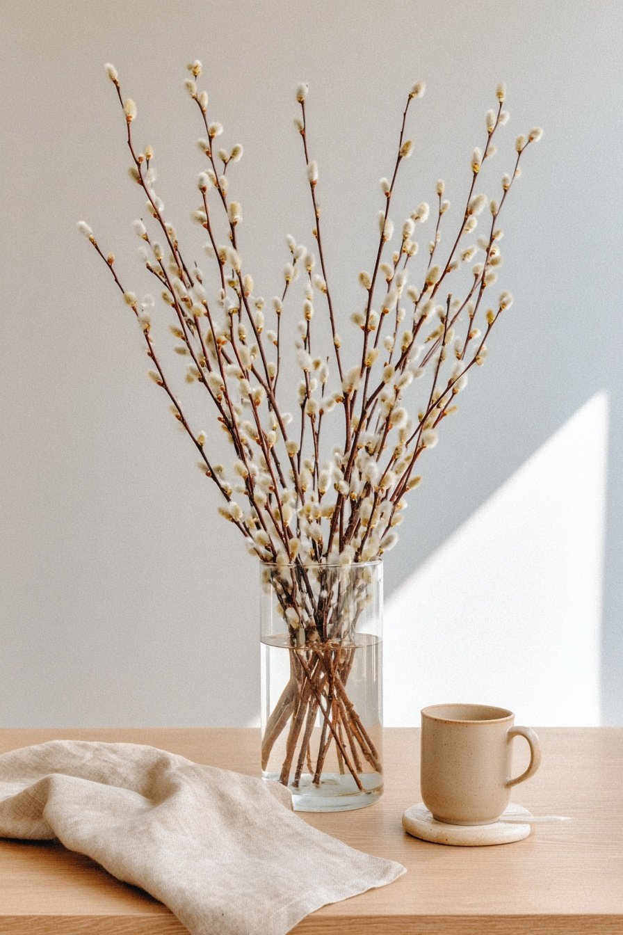 Weidenkätzchen-Zweige in einer Glasvase auf Holztisch mit Tasse und Leinentuch