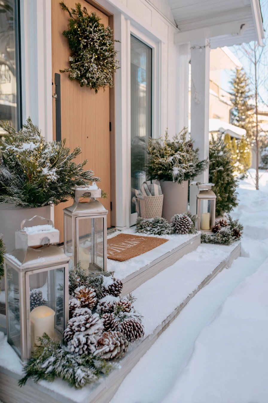 Verschneiter Hauseingang mit Tannenkranz, Windlichtern, Zapfen und winterlichen Pflanzen