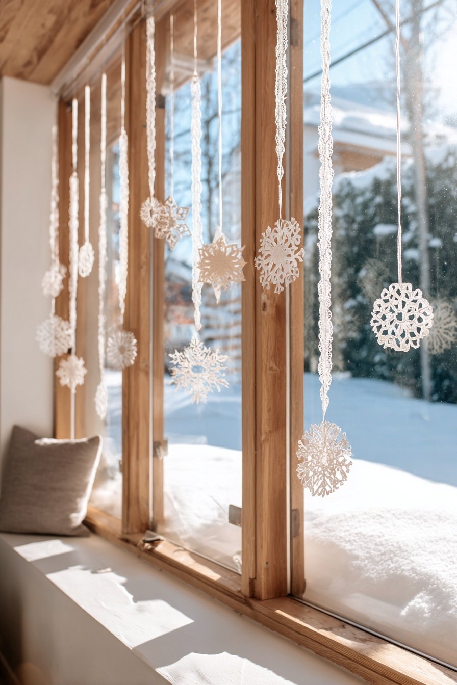 Schneeflocken aus Spitze hängen als Deko am Fenster mit Blick auf eine verschneite Winterlandschaft