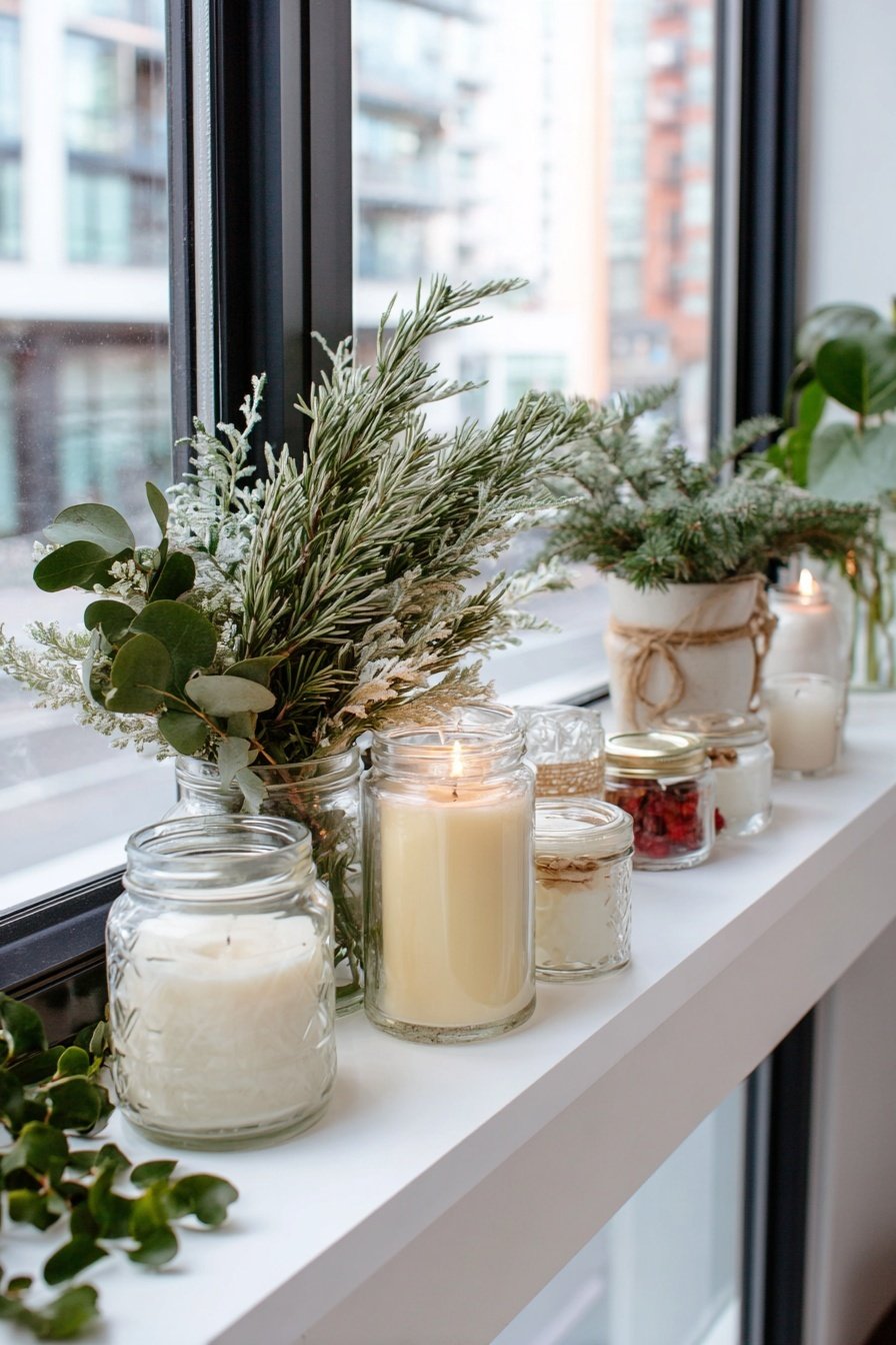 Kerzen und Tannenzweige in Gläsern auf einer Fensterbank im Winter