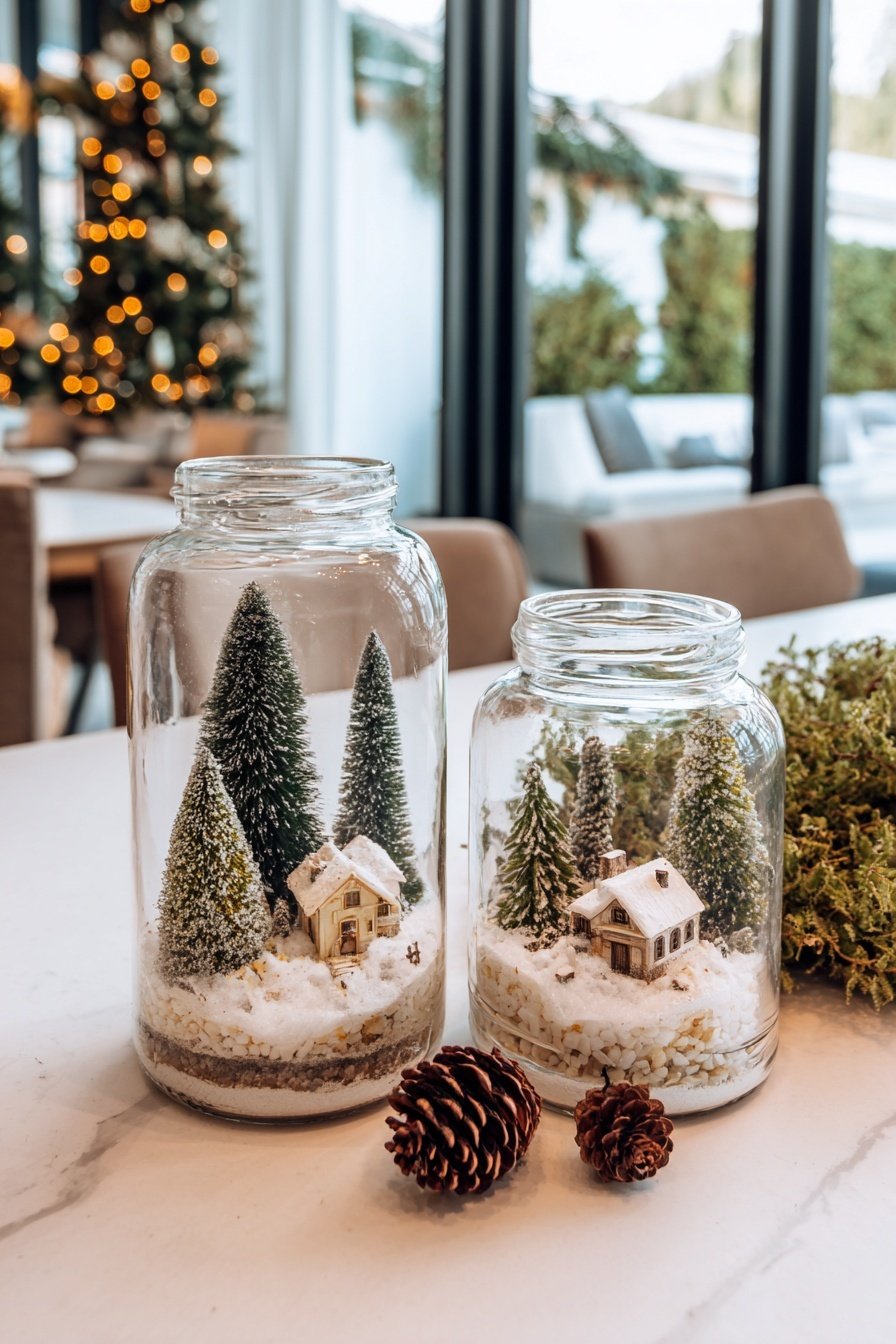 Zwei große Gläser mit Mini-Schneelandschaften aus Kunstschnee, Tannenbäumen und kleinen Häuschen