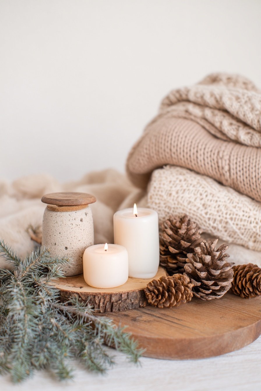 Kerzen, Tannenzapfen, Tannenzweige und Strickdecken als Winterdeko