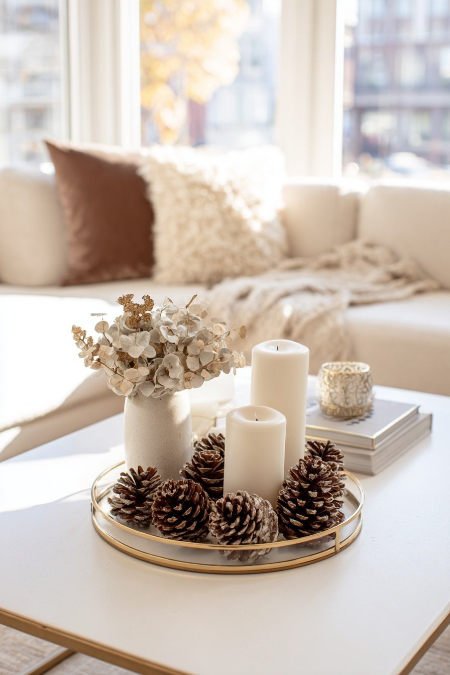 Kerzengesteck mit Tannenzapfen und Trockenblumen auf modernem Couchtisch