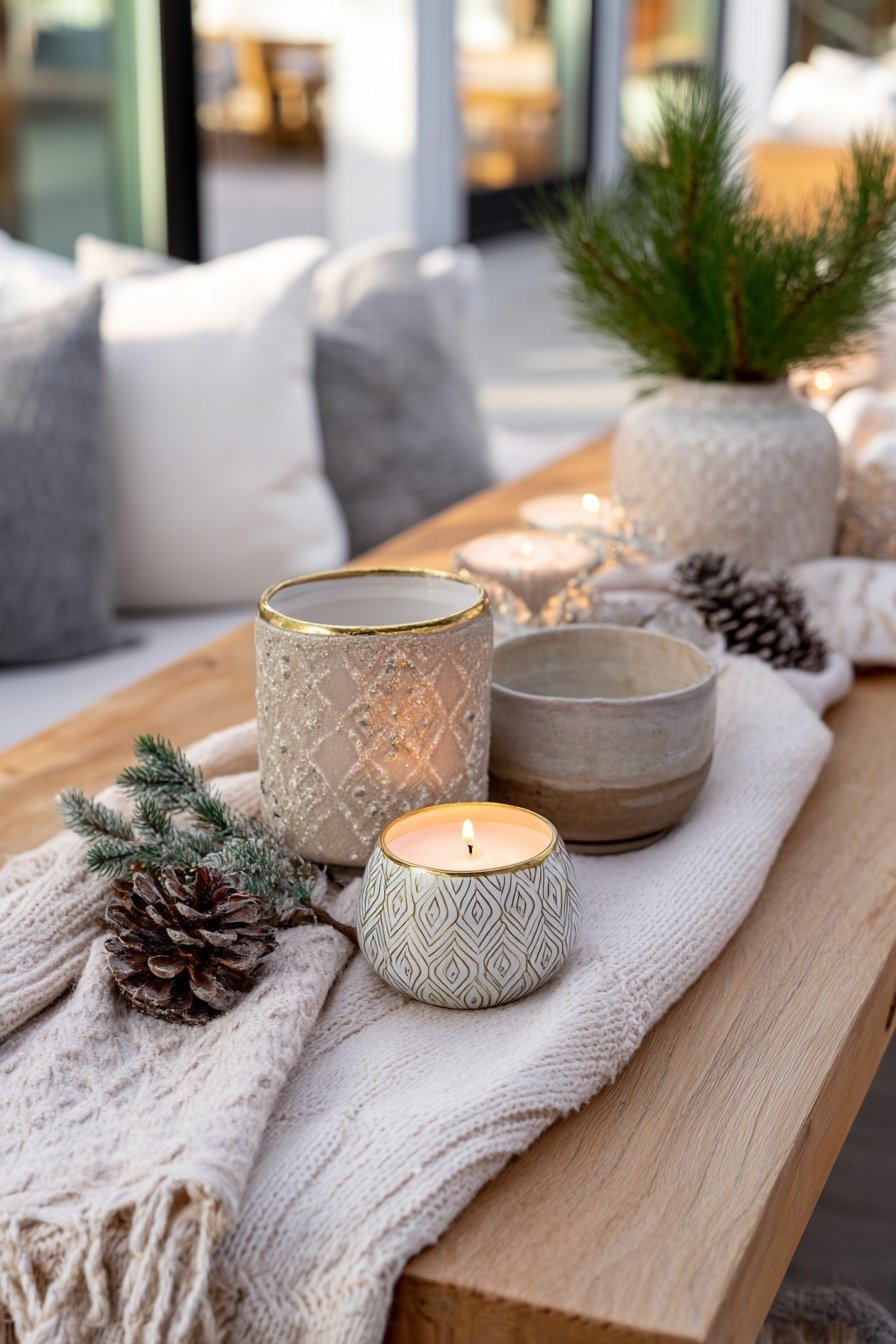 Kerzen, Kiefernzweige und Tannenzapfen auf gestricktem Plaid als Winter Deko