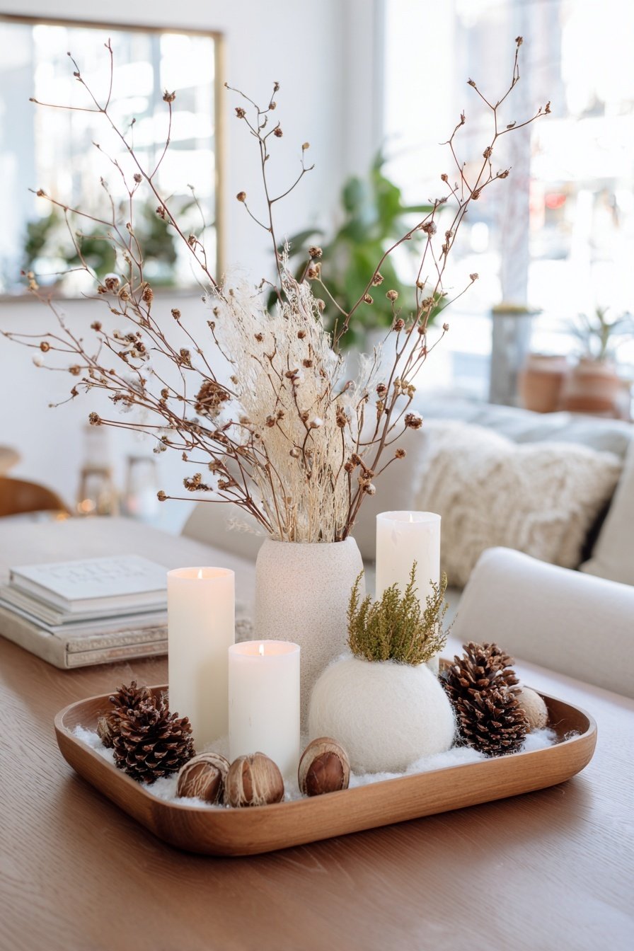 Winterliche Deko mit Kerzen, Zapfen und Trockenblumen auf einem Holztablett