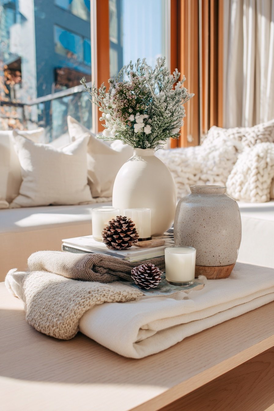 Stillleben mit winterlicher Dekoration aus Kerzen, Tannenzapfen, Vasen und Decken auf einem Tisch