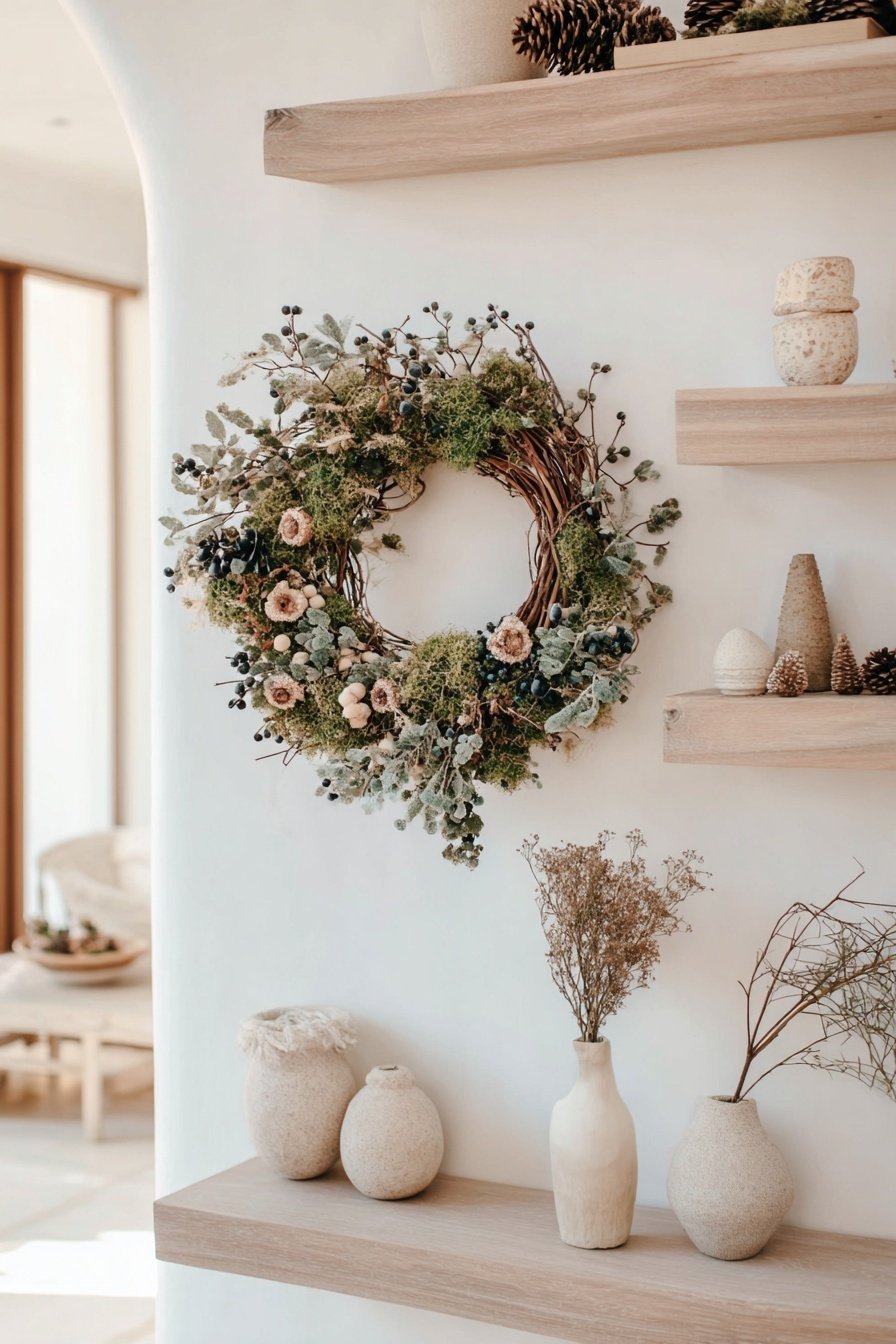 Natürlicher Türkranz mit Moos, Beeren und Trockenblumen an einer Wand mit minimalistischer Deko
