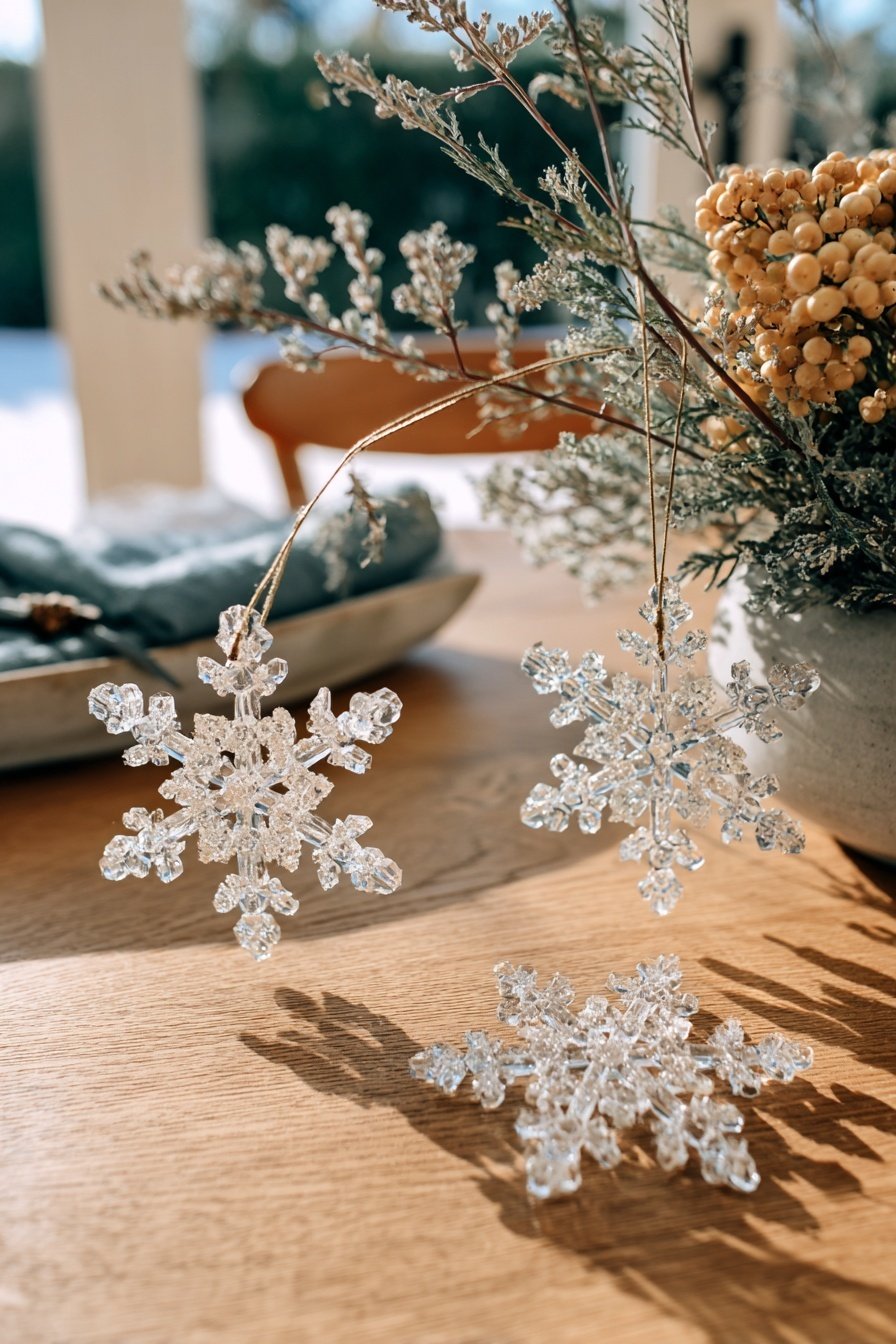 Drei funkelnde Schneeflocken aus Acryl auf einem Holztisch neben winterlichem Trockenstrauß