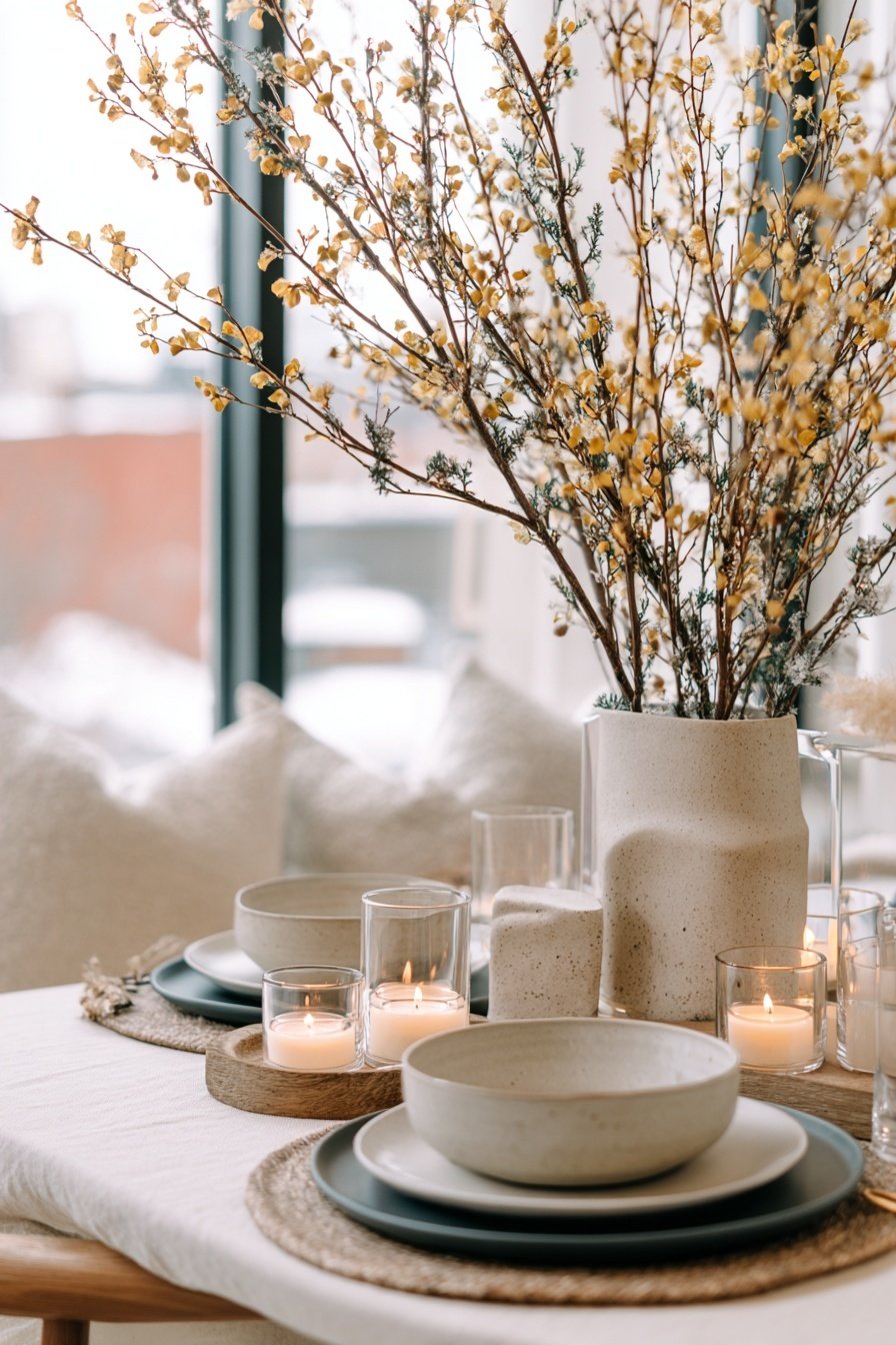 Winterlich gedeckter Tisch mit Kerzen, Keramikgeschirr und dekorativen Zweigen in einer Vase