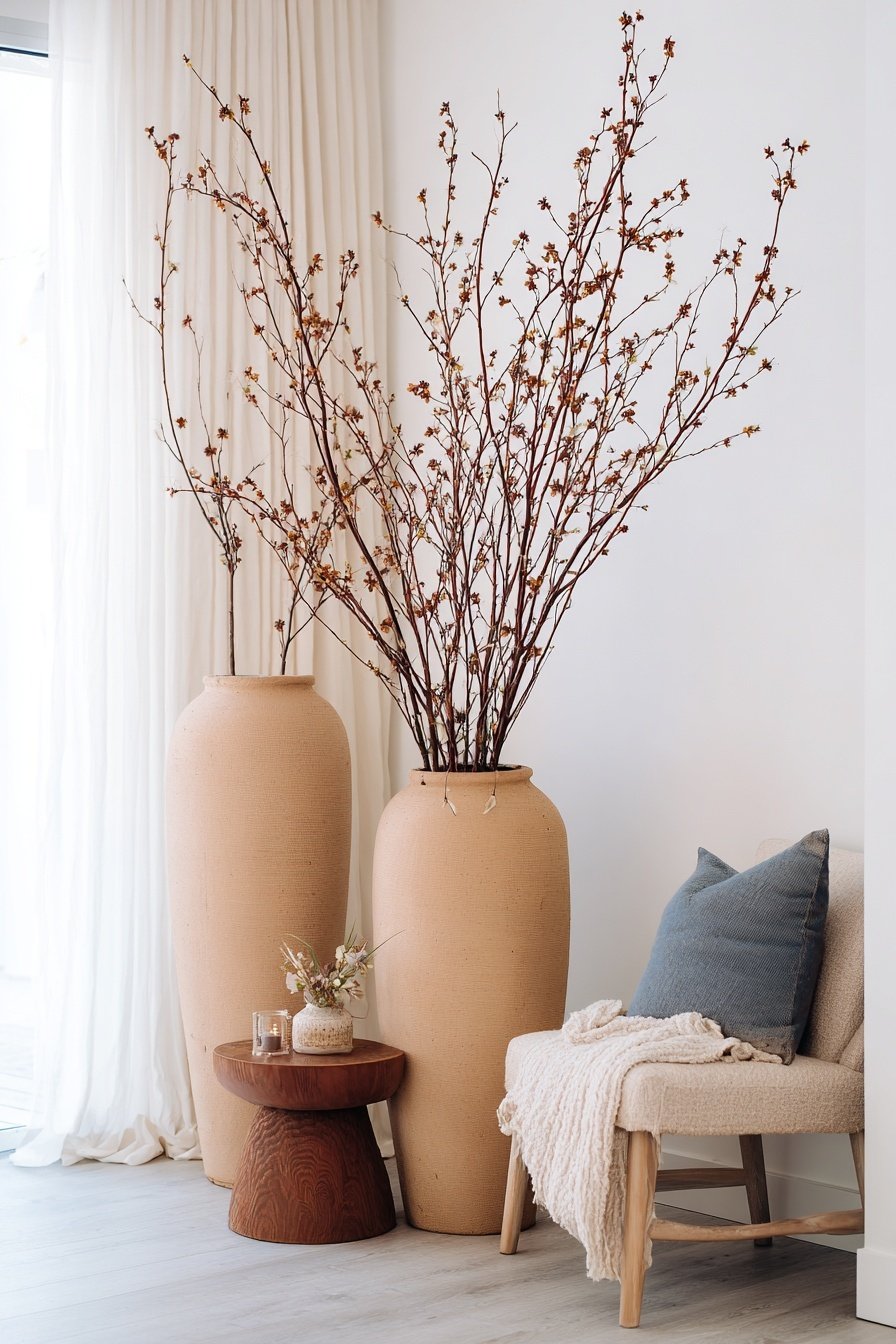 Trockenäste in großen Vasen neben einem Sessel mit Kissen und Decke