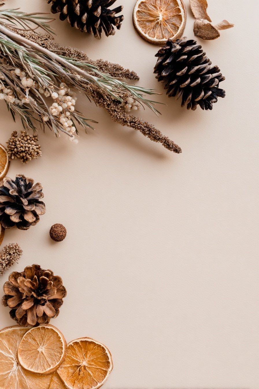 Tannenzapfen, getrocknete Orangenscheiben und winterliche Zweige auf beigem Hintergrund