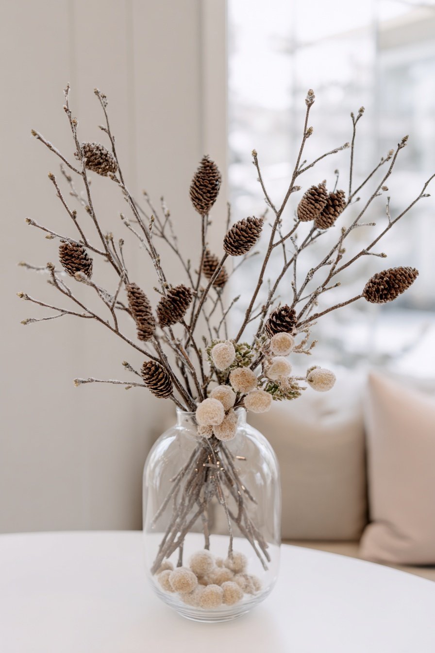 Zweige mit Tannenzapfen und gefrosteten Deko-Kugeln in Glasvase