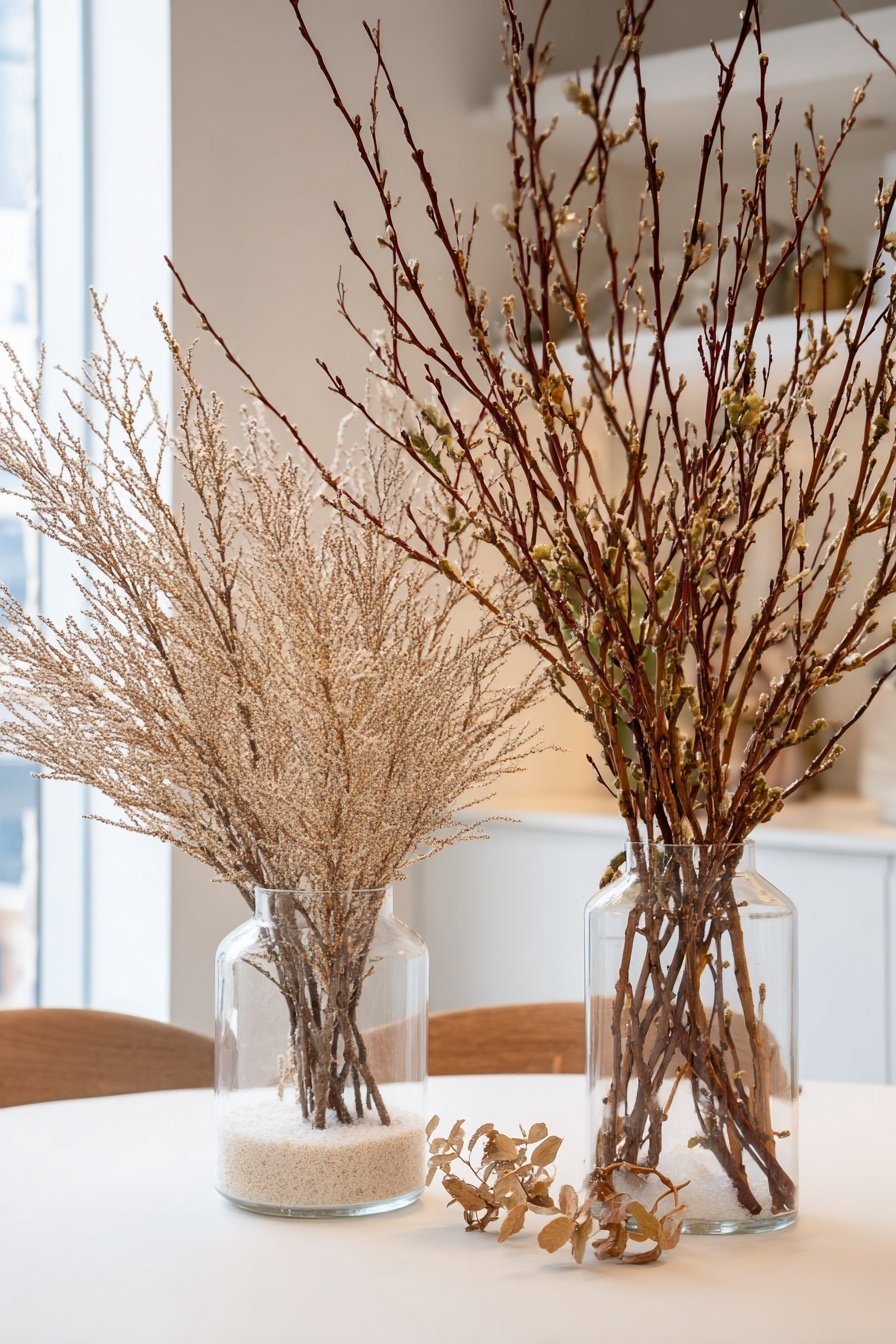 Zwei dekorative Glasvasen mit winterlichen Zweigen auf einem Tisch