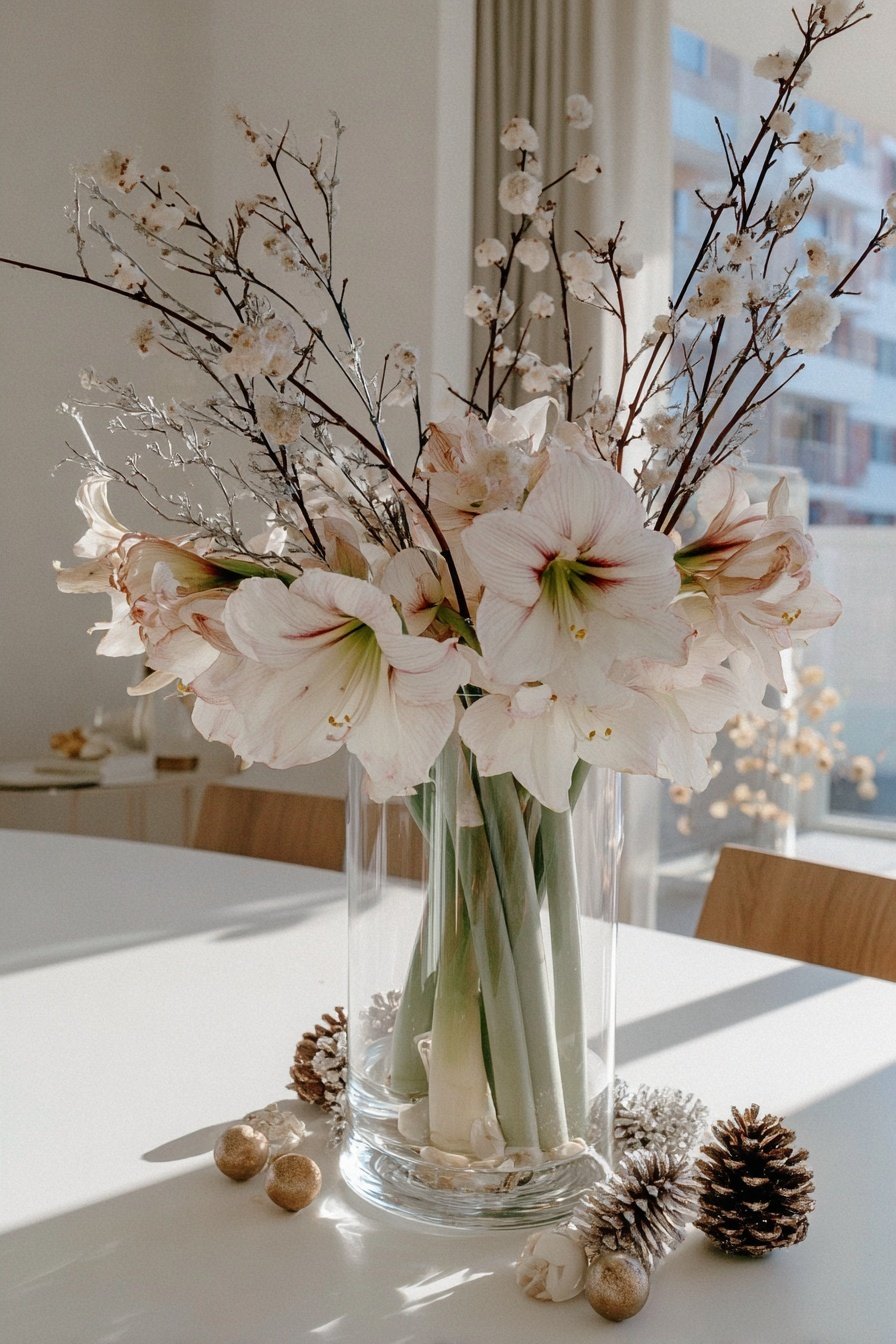 Ein winterlicher Strauß aus Amaryllis und Zweigen in einer Vase auf einem Tisch