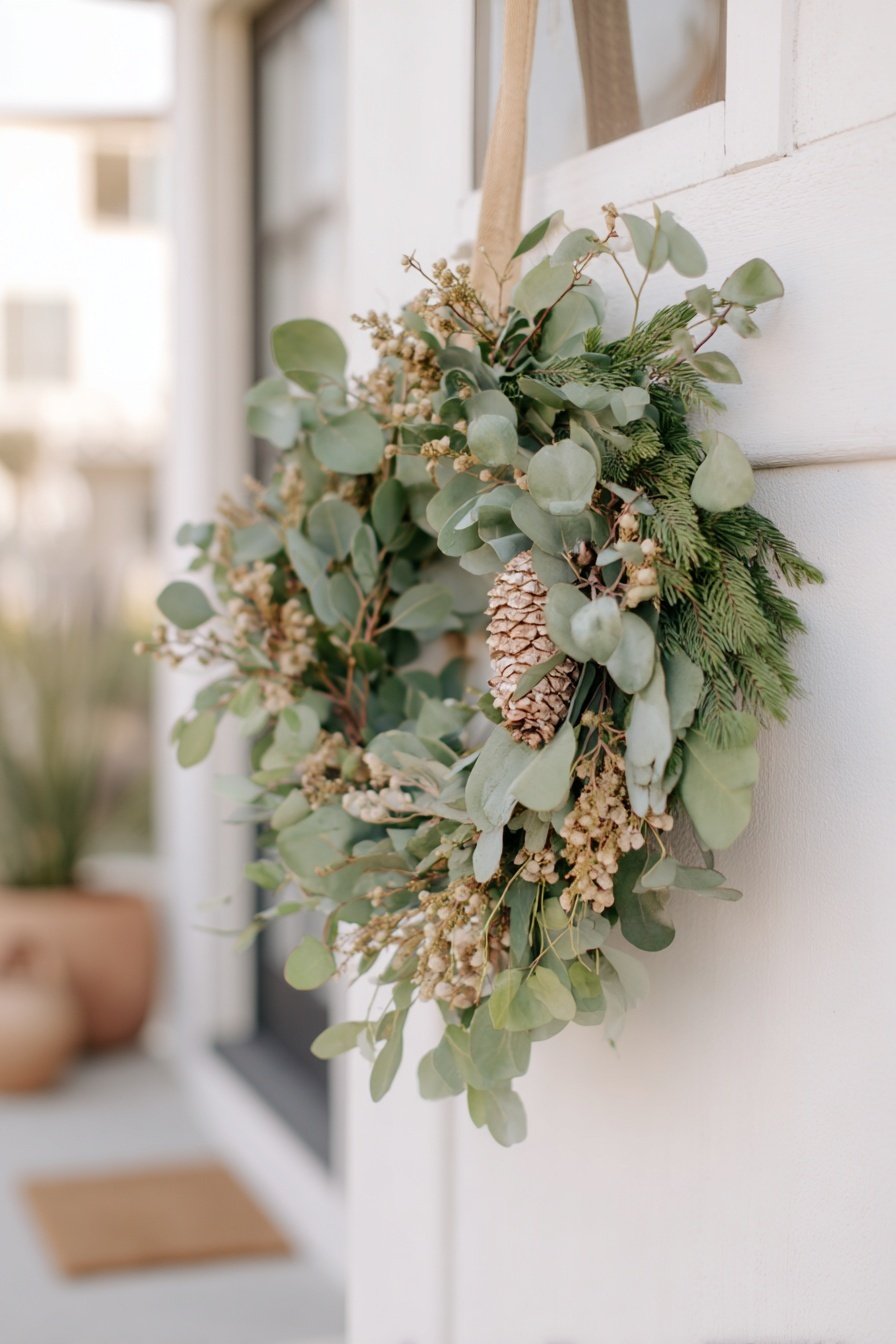 Winterlicher Türkranz aus Eukalyptus, Tannenzweigen und Zapfen