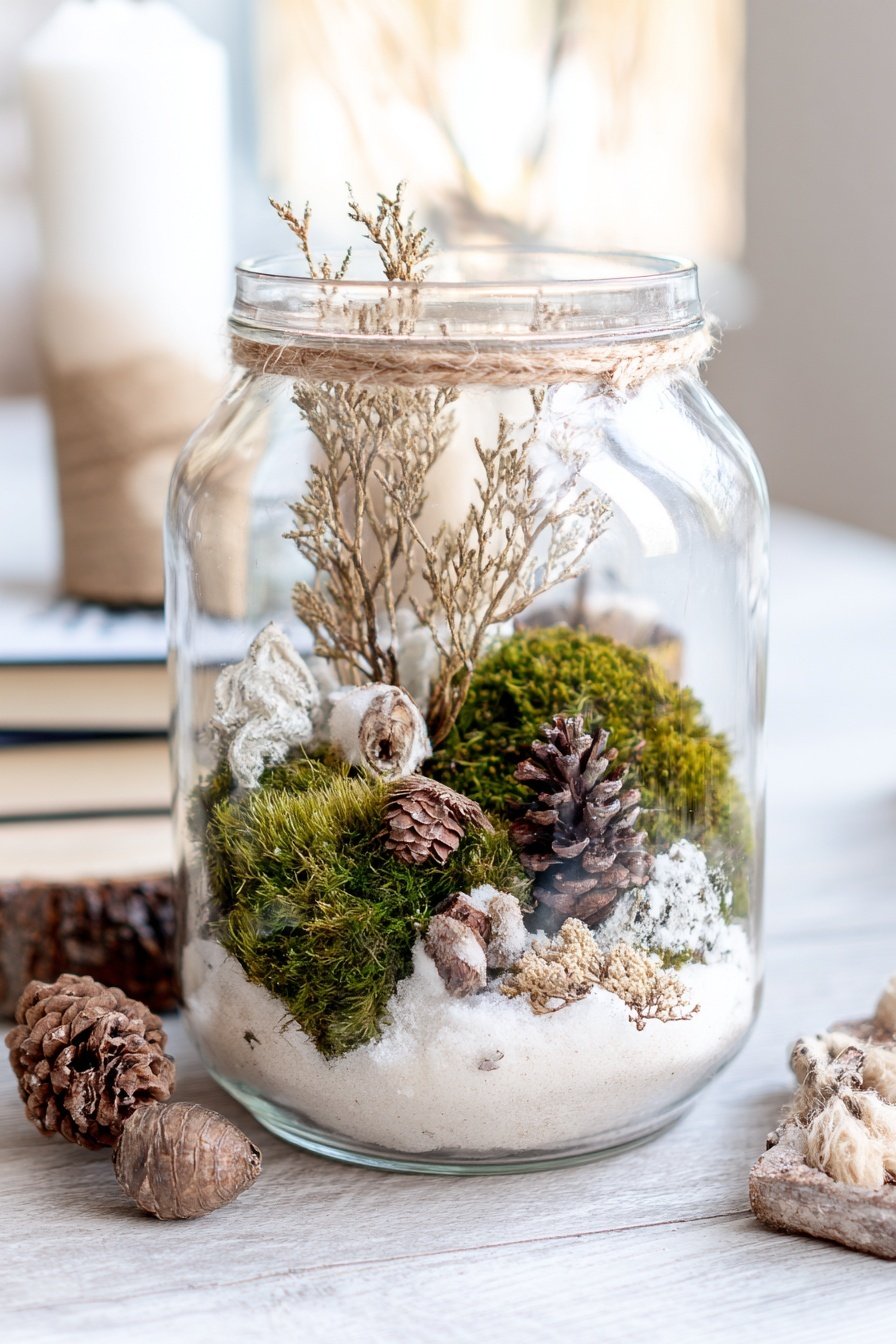 Dekoglas mit Moos, Zapfen, Sand und getrockneten Zweigen als Winterdeko