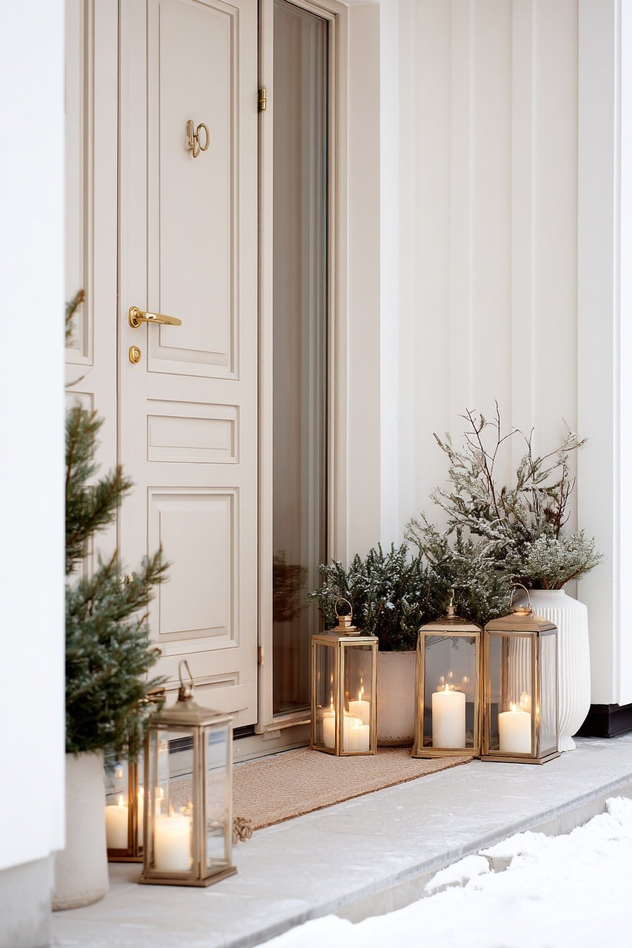 Winterlicher Hauseingang mit Kerzenlaternen, Tannengrün und Schnee