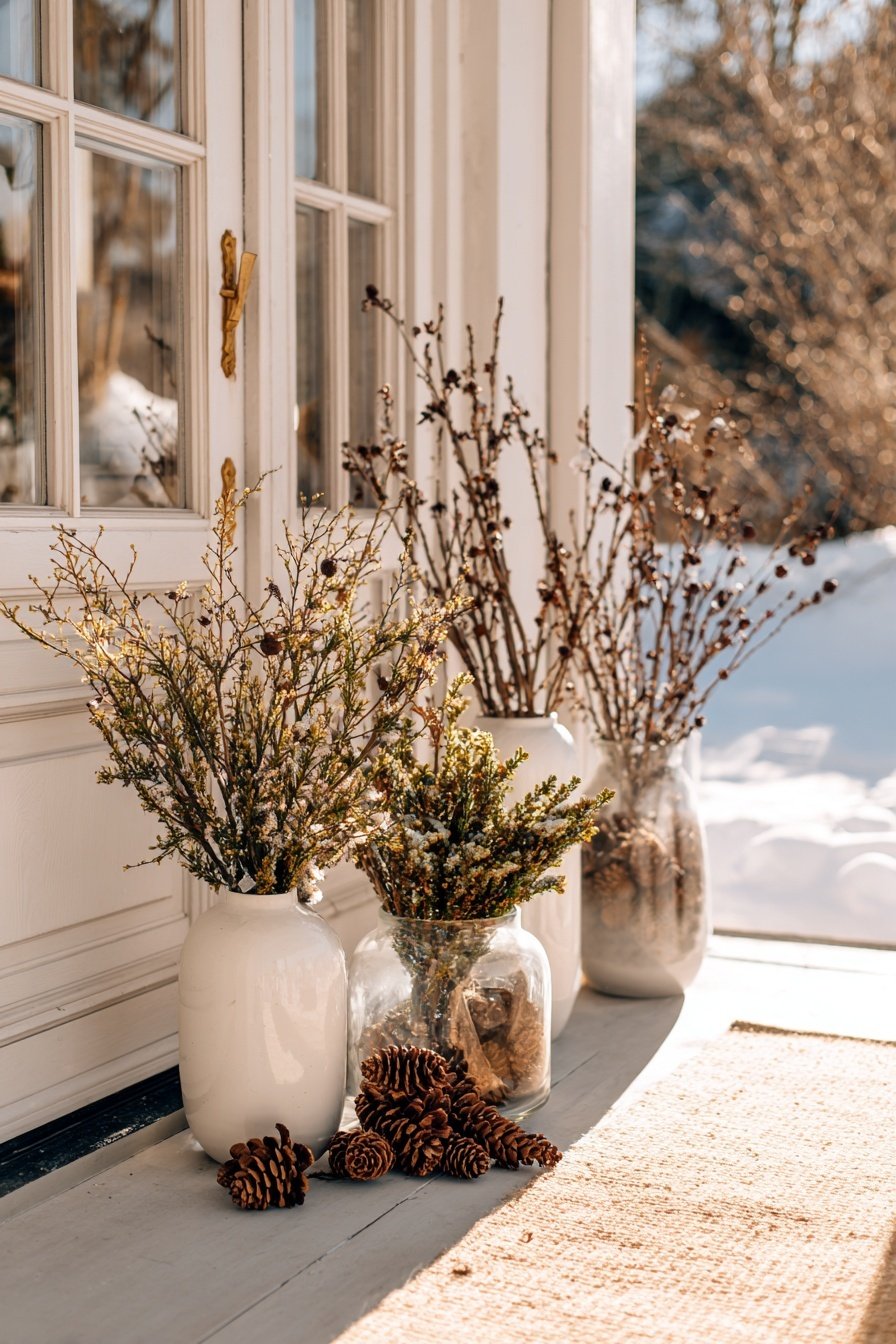 Vasen mit winterlichen Zweigen und Tannenzapfen vor einer weißen Haustür