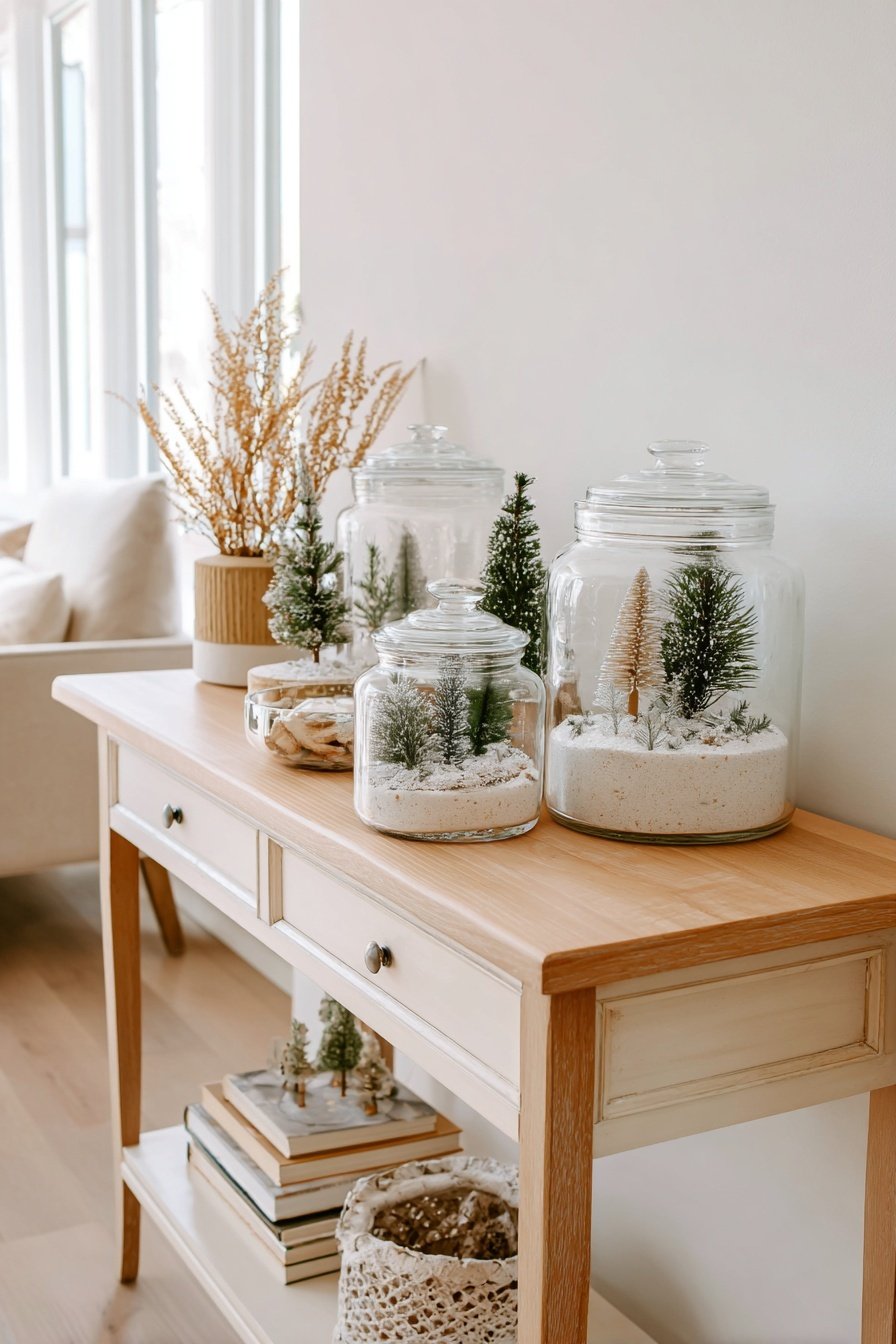 Glasgefäße mit Miniaturtannen und Kunstschnee als Winterdeko auf einem Holztisch