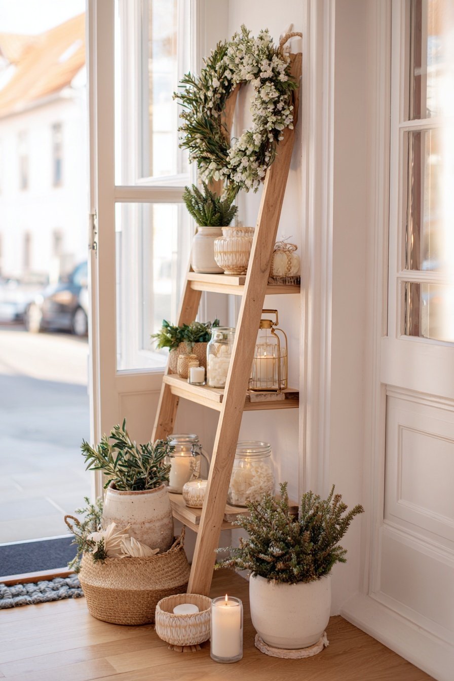 Dekorative Holzleiter im Hauseingang mit Kranz, Pflanzen und Kerzen