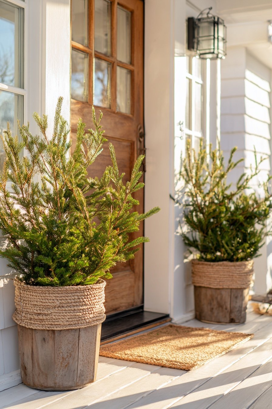 Zwei Holzpflanzkübel mit Tannenzweigen vor einer Haustür