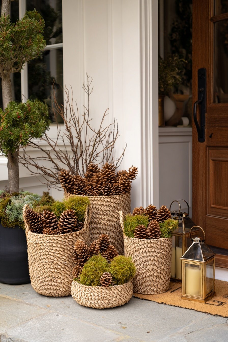 Korbschalen mit Tannenzapfen und Moos vor dem Hauseingang, ergänzt durch Laternen