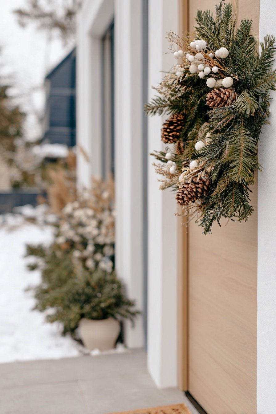 Türkranz mit Tannenzweigen, Zapfen und weißen Beeren an einer Holztür im verschneiten Eingangsbereich