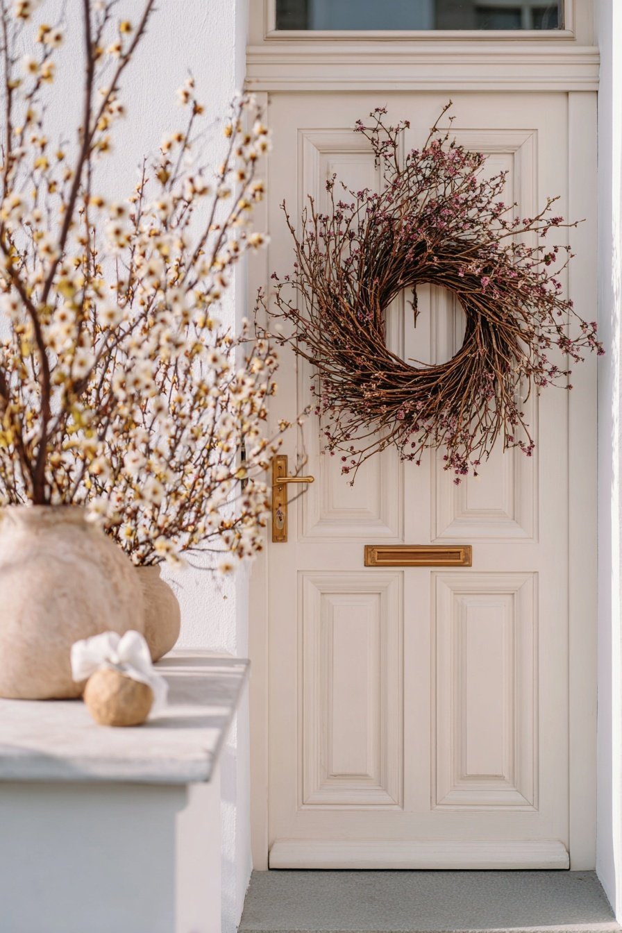 Winterlicher Eingangsbereich mit Türkranz aus Zweigen und blühenden Ästen in Vasen