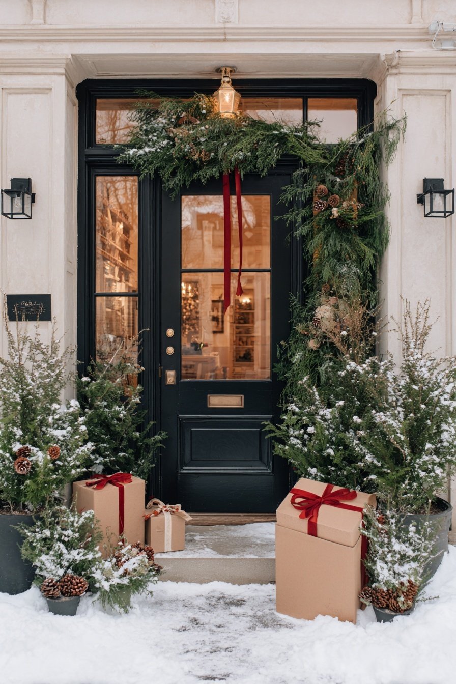 Mit Tannengrün, Geschenken und roten Akzenten winterlich dekorierte Haustür