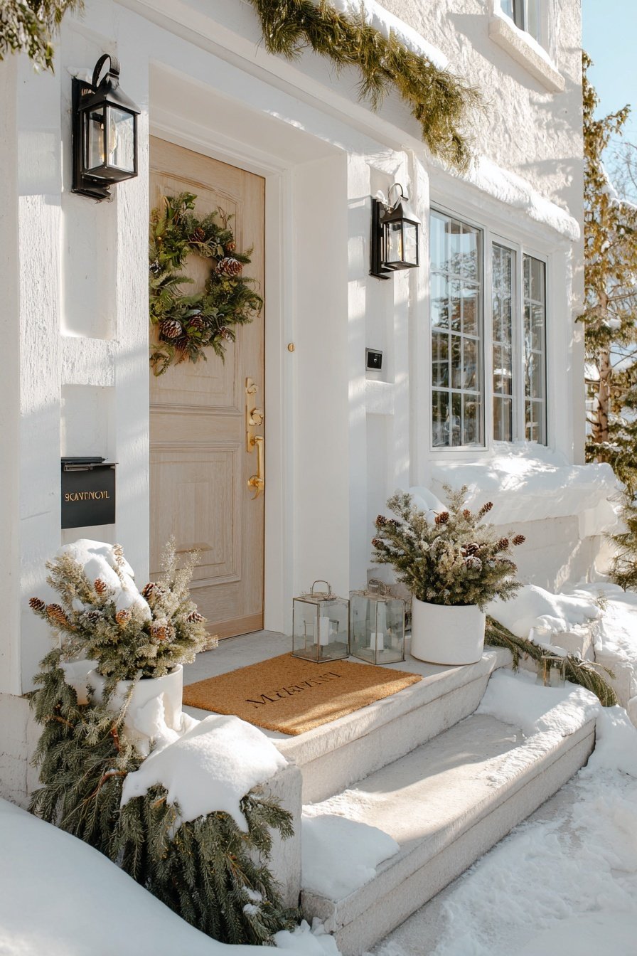 Schön geschmückte Haustür mit Kranz, Tannenzweigen, Laternen und Schnee