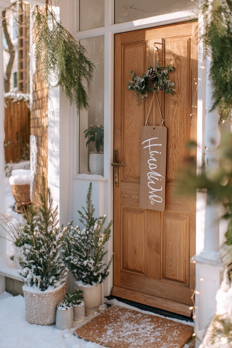 Verschneite Haustür mit Holzschild, Kranz und Tannendeko