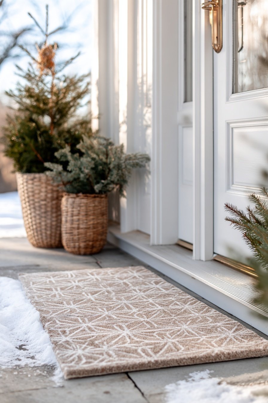 Zwei geflochtene Körbe mit Tannenzweigen und winterlicher Deko vor einer weißen Haustür