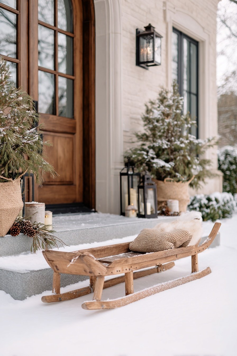 Deko-Szene vor Haustür mit Schlitten, Kissen, Laternen und Tannenzweigen im Schnee